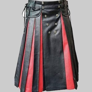 Black and Red Gladiator Pleated Leather Kilt