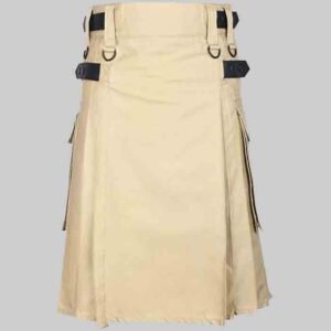 Khaki Utility Kilt With Leather Straps