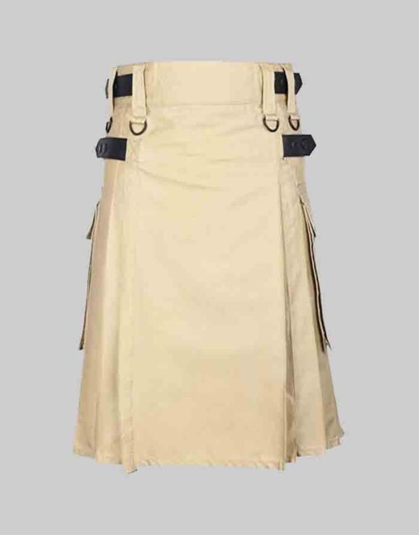 Khaki Utility Kilt With Leather Straps