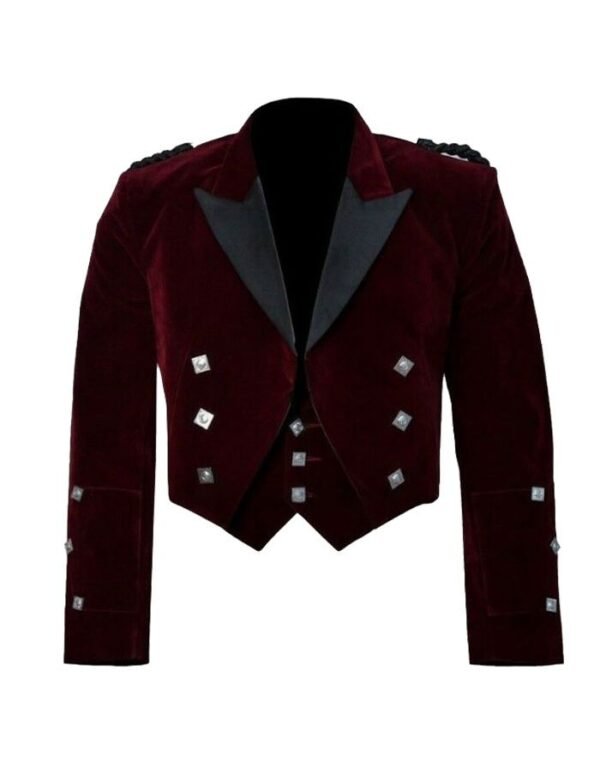 Scottish Red Velvet Prince Charlie Kilt Jacket With Vest