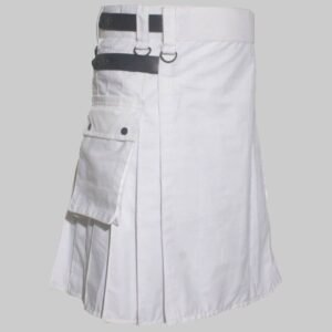 White Utility Kilt With Leather Straps